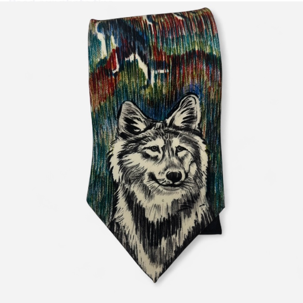 Vintage World Wildlife Fund Multi-Colored Gray Wolf Necktie